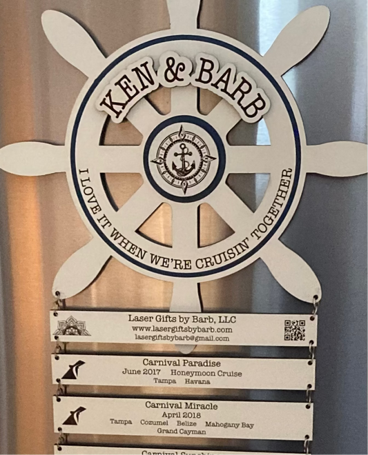 Ship Wheel with a lot of full-sized Cruise Boards